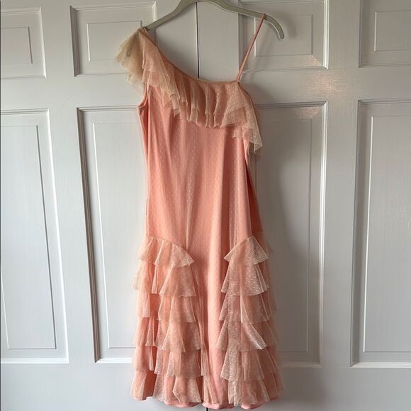 AMERICAN RETRO Peach Ruffle One-Shoulder Dress 80s Prom Flapper Tulle Polka Dot - Picture 1 of 11